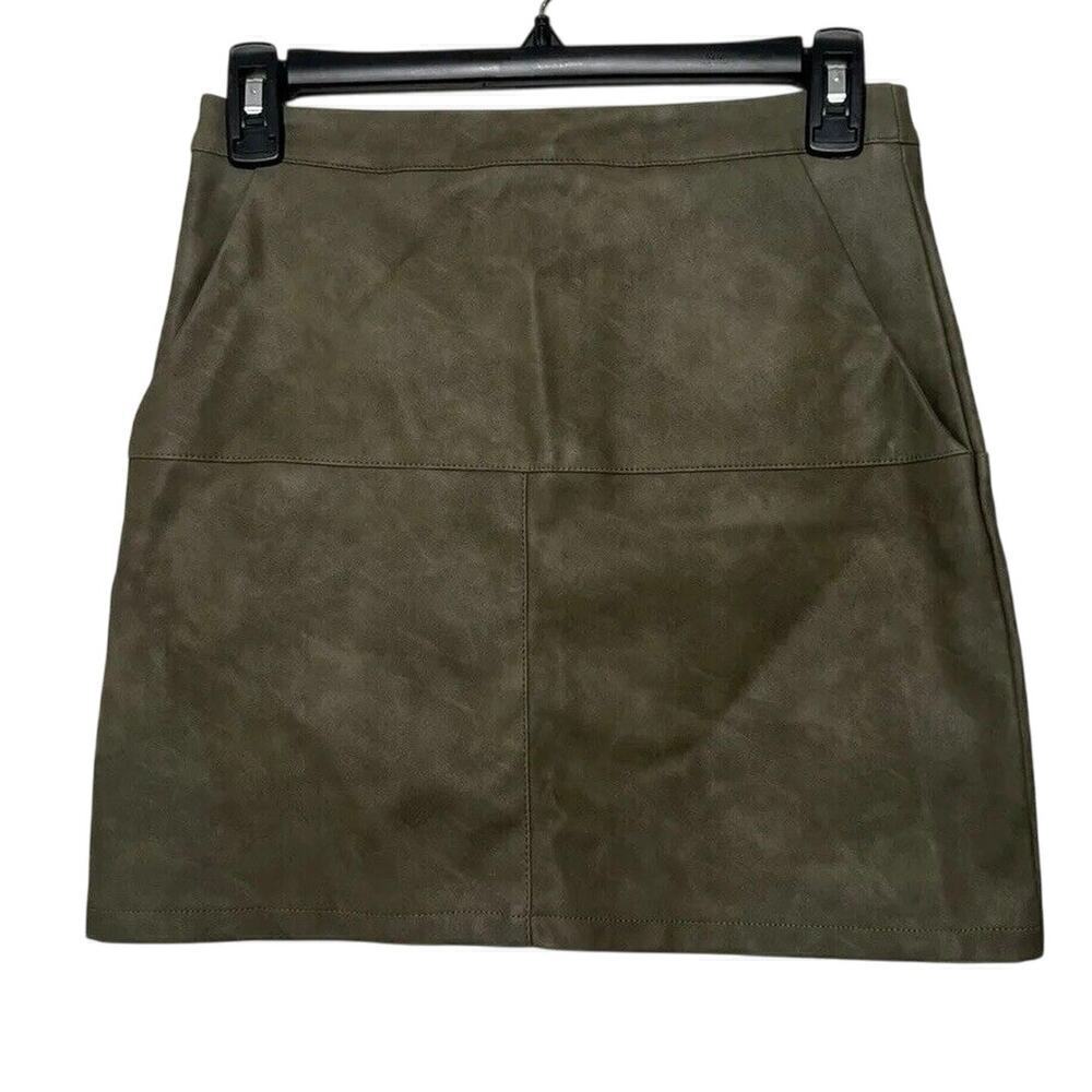 Shinestar Mini Skirt, Women's S OliveGreen Faux Leather Pockets 55%Viscose Lined